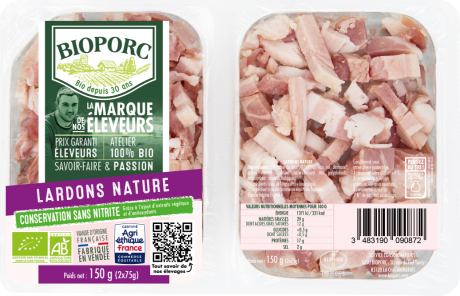 Lardons Nature 2x75g 
CONSERVATION SANS NITRITE grâce à l'ajout d'extraits végétaux et d'antioxydants 