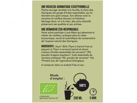 Tisane bio thym sauvage des garrigues et verveine Aromandise