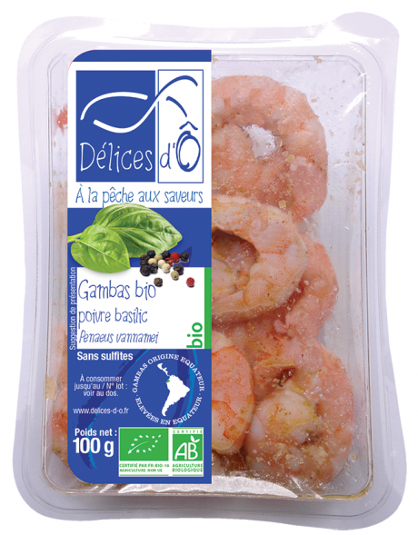 Gambas cuites décortiquées marinées au poivre et basilic, origine Equateur