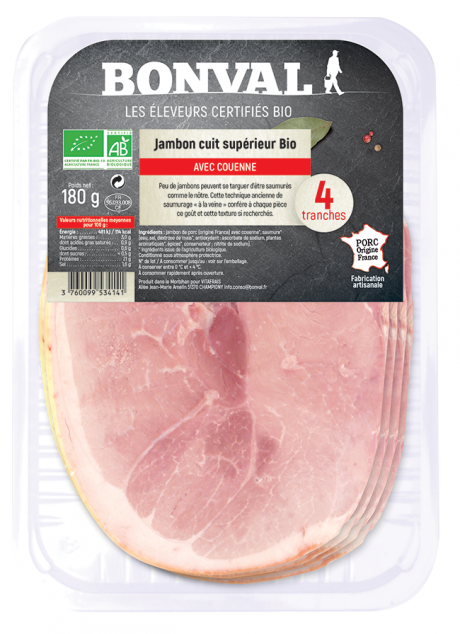 Jambon cuit supérieur avec couenne x 4 tranches