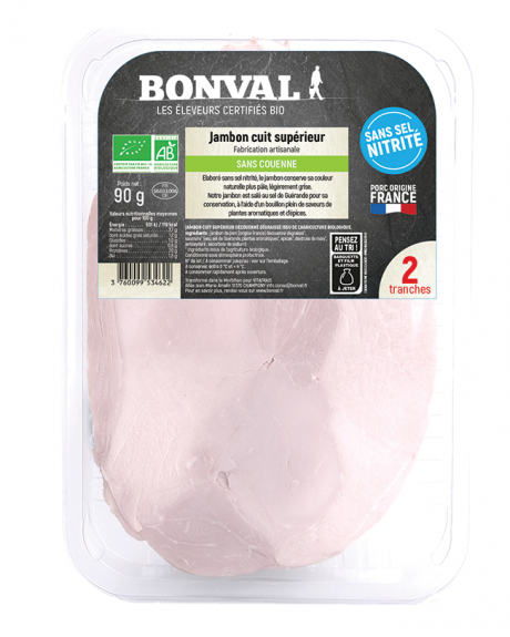 Jambon cuit supérieur découenné et dégraissé sans sel nitrité x 2 tranches