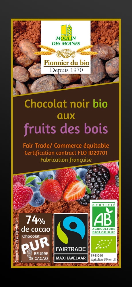 CHOCOLAT NOIR 74% FRUITS DES BOIS EQUITABLE 100G AB