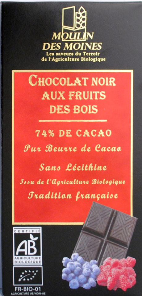 CHOCOLAT NOIR 74% FRUITS DES BOIS 100G AB